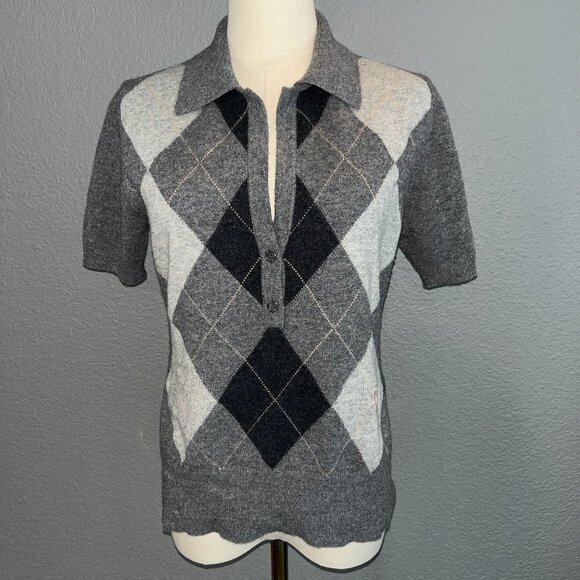BURBERRY LONDON 100% CASHMERE GRAY ARGYLE SHORT SLEEVE POPOVER SWEATER - EUC - L - Picture 1 of 11